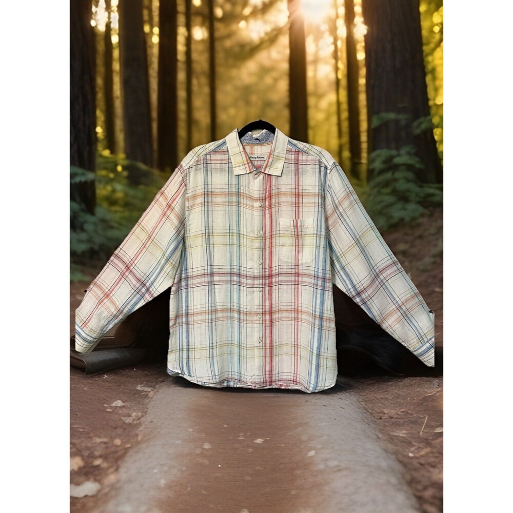 Tommy Bahama Summerland Plaid‎ 100% Linen Button Up Shirt Size Large